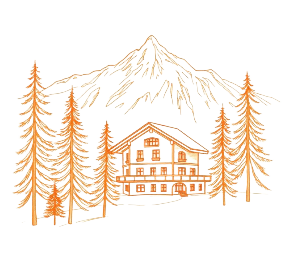 Hand-drawn alpine chalet hotel surrounded by pines and mountain peaks